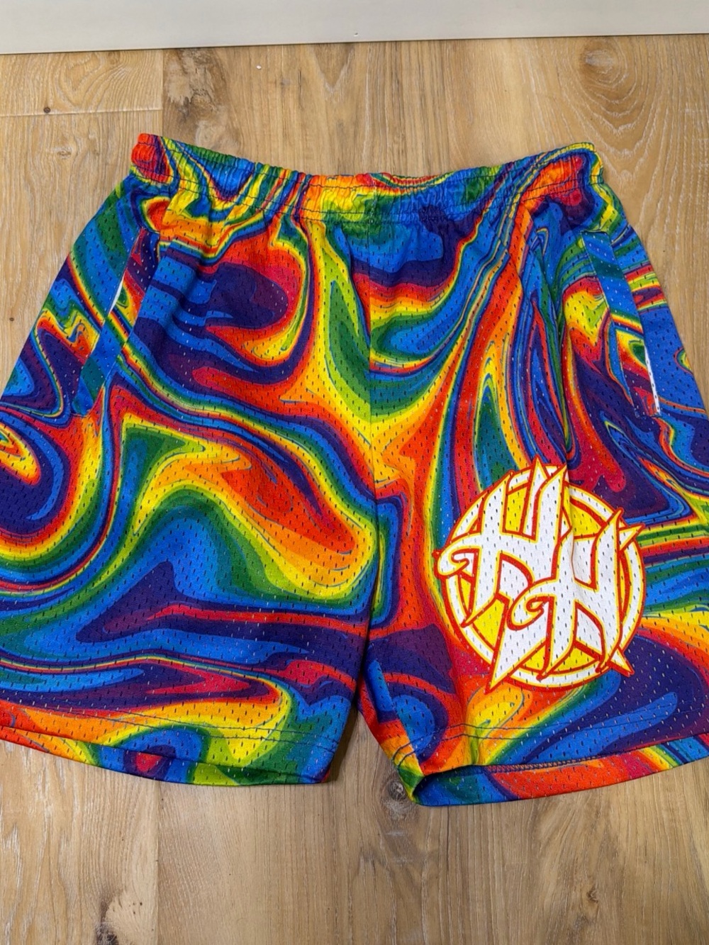 Men's Rainbow Swirl Athletic Shorts with Logo Patch size medium